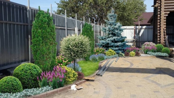 Дизайн двору з бруківкою і квітниками  - фото 39